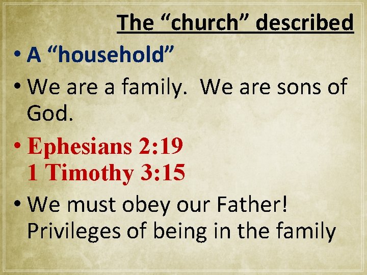 The “church” described • A “household” • We are a family. We are sons