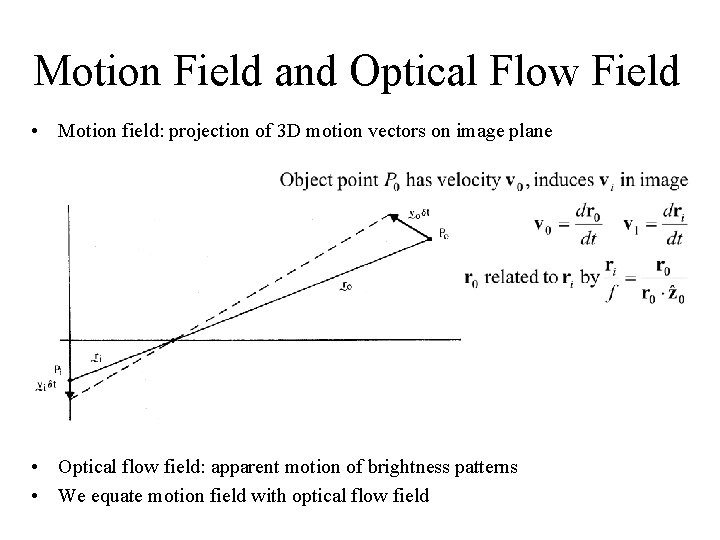 Motion Field and Optical Flow Field • Motion field: projection of 3 D motion