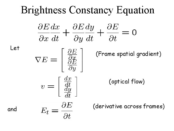 Brightness Constancy Equation Let (Frame spatial gradient) (optical flow) and (derivative across frames) 