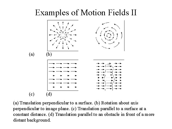 Examples of Motion Fields II (a) (b) (c) (d) (a) Translation perpendicular to a