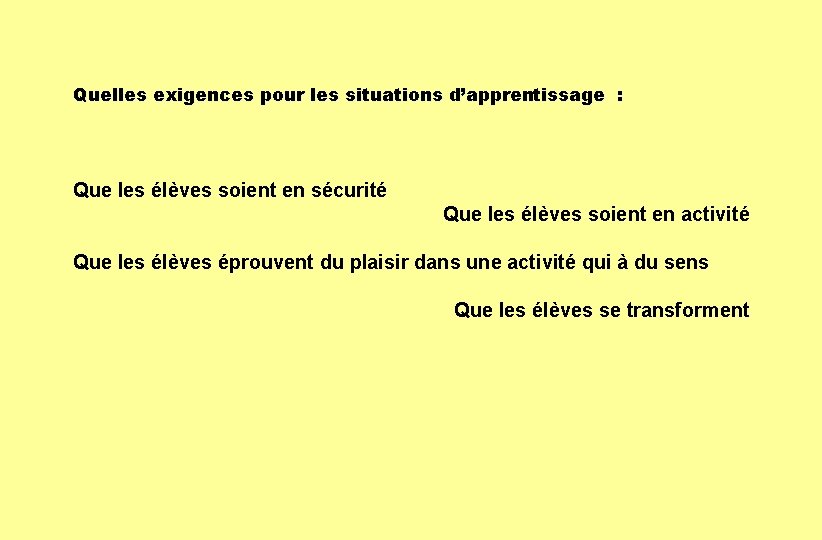 Quelles exigences pour les situations d’apprentissage : Que les élèves soient en sécurité Que