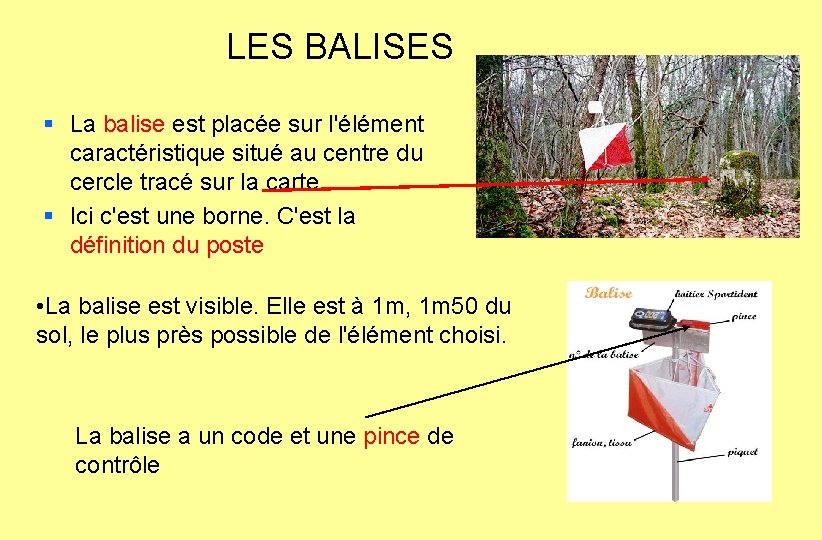 LES BALISES § La balise est placée sur l'élément caractéristique situé au centre du