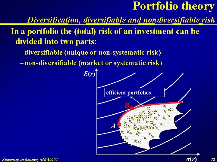 Portfolio theory Diversification, diversifiable and nondiversifiable risk In a portfolio the (total) risk of