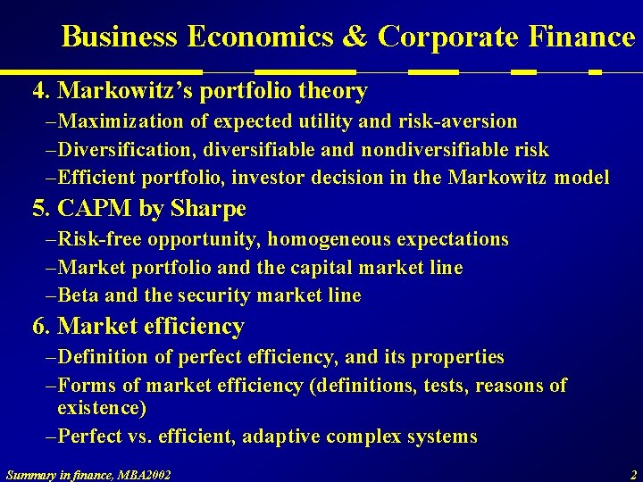 Business Economics & Corporate Finance 4. Markowitz’s portfolio theory – Maximization of expected utility