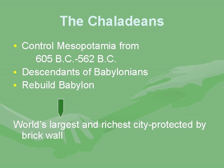 The Chaladeans • Control Mesopotamia from 605 B. C. -562 B. C. • Descendants