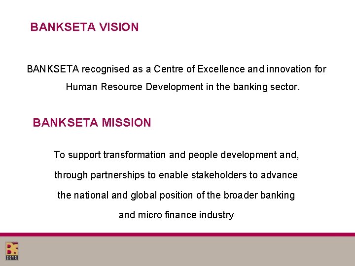 BANKSETA VISION BANKSETA recognised as a Centre of Excellence and innovation for Human Resource BANKSETA VISION BANKSETA recognised as a Centre of Excellence and innovation for Human Resource