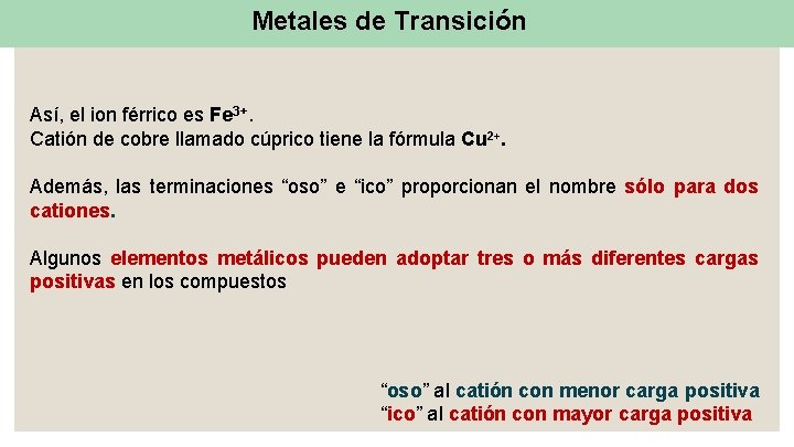 Metales de Transición Así, el ion férrico es Fe 3+. Catión de cobre llamado