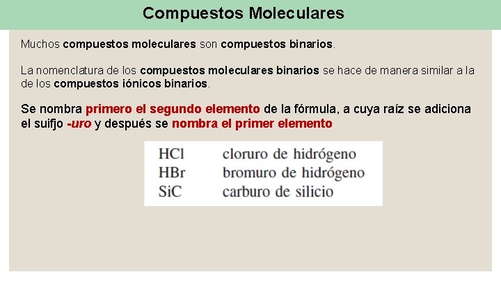 Compuestos Moleculares Muchos compuestos moleculares son compuestos binarios. La nomenclatura de los compuestos moleculares