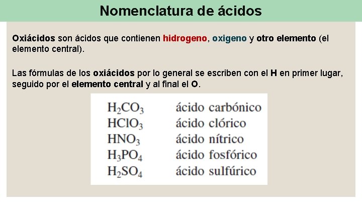 Nomenclatura de ácidos Oxiácidos son ácidos que contienen hidrogeno, oxigeno y otro elemento (el