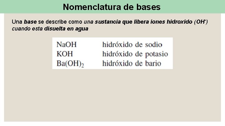 Nomenclatura de bases Una base se describe como una sustancia que libera iones hidroxido