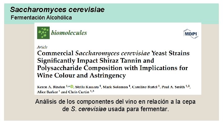 Saccharomyces cerevisiae Fermentación Alcohólica Análisis de los componentes del vino en relación a la
