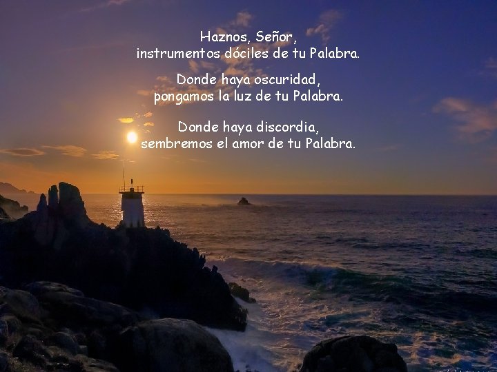 Haznos, Señor, instrumentos dóciles de tu Palabra. Donde haya oscuridad, pongamos la luz de