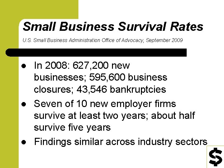Small Business Survival Rates U. S. Small Business Administration Office of Advocacy, September 2009