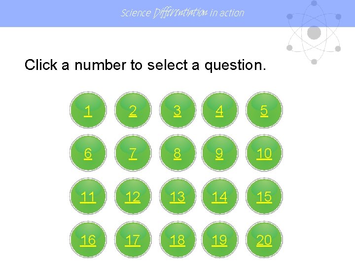 Science Differentiation in action Click a number to select a question. 1 2 3