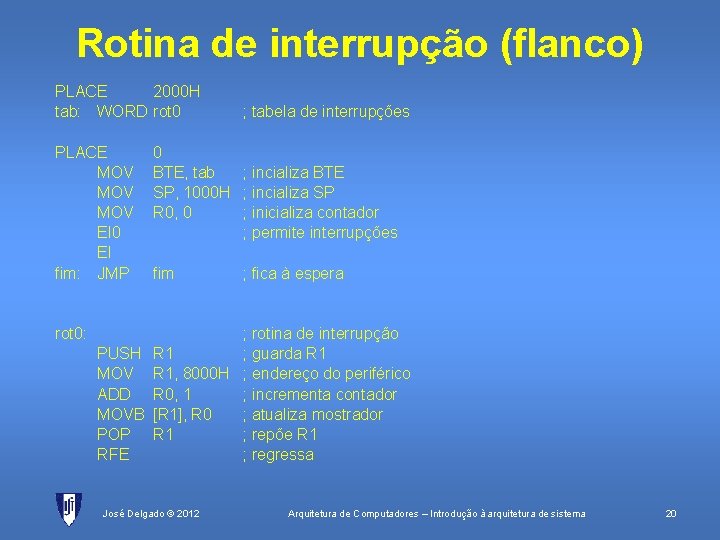 Rotina de interrupção (flanco) PLACE 2000 H tab: WORD rot 0 ; tabela de