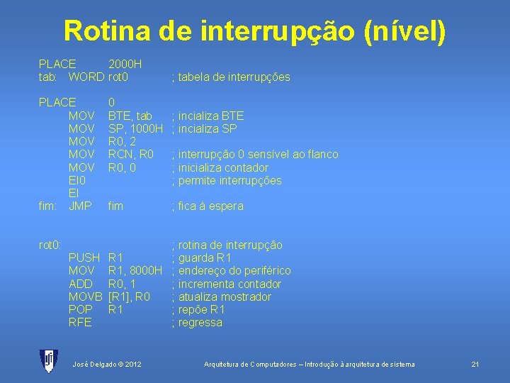 Rotina de interrupção (nível) PLACE 2000 H tab: WORD rot 0 PLACE MOV MOV