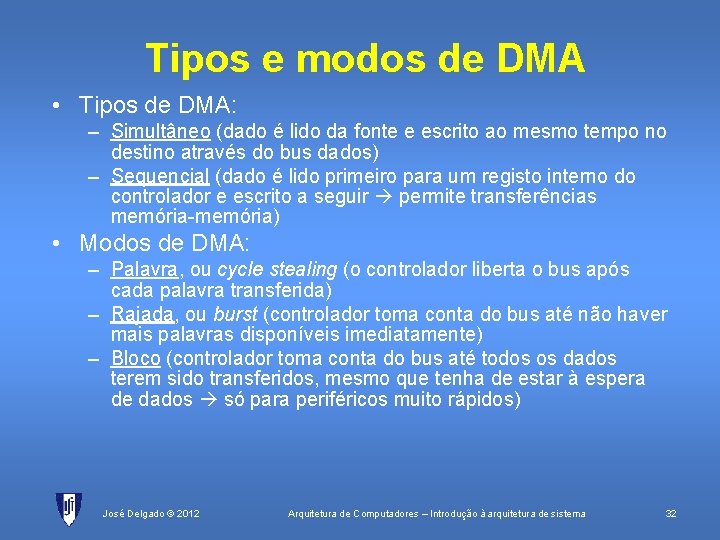 Tipos e modos de DMA • Tipos de DMA: – Simultâneo (dado é lido