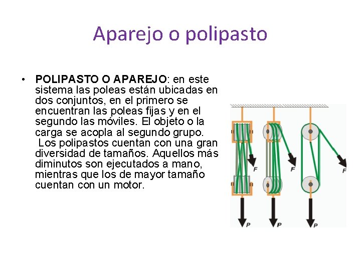 Aparejo o polipasto • POLIPASTO O APAREJO: en este sistema las poleas están ubicadas