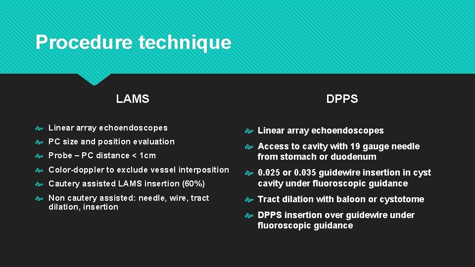 Procedure technique LAMS DPPS Linear array echoendoscopes PC size and position evaluation Access to
