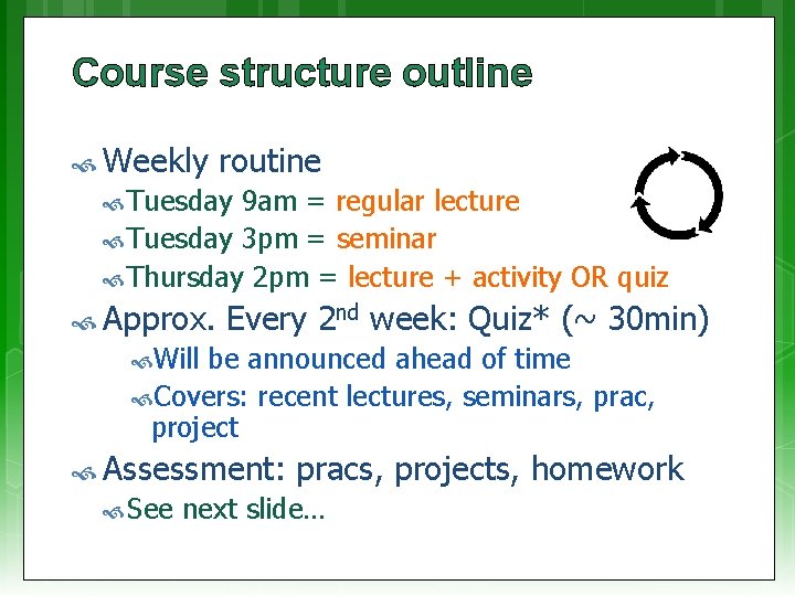 Course structure outline Weekly routine Tuesday 9 am = regular lecture Tuesday 3 pm