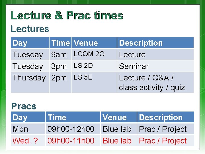 Lecture & Prac times Lectures Day Tuesday Thursday Time 9 am 3 pm 2