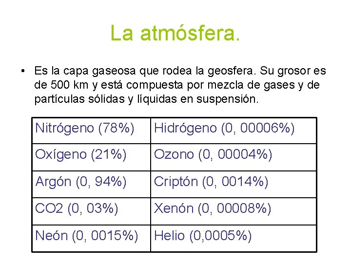 La atmósfera. • Es la capa gaseosa que rodea la geosfera. Su grosor es La atmósfera. • Es la capa gaseosa que rodea la geosfera. Su grosor es