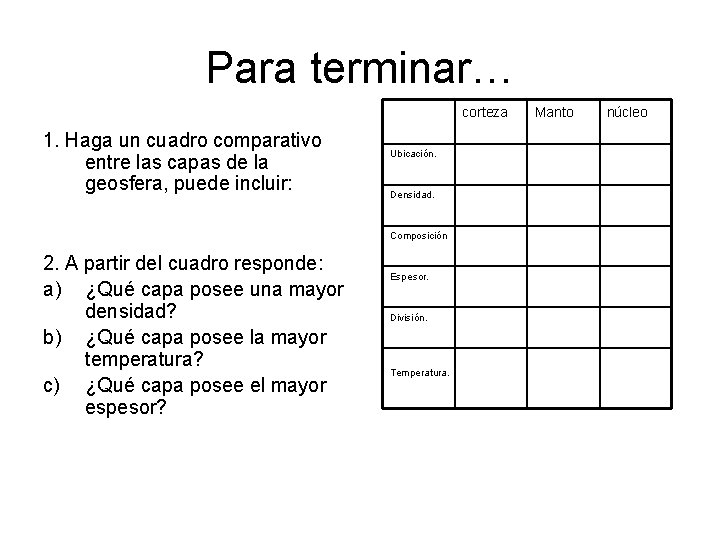 Para terminar… corteza 1. Haga un cuadro comparativo entre las capas de la geosfera, Para terminar… corteza 1. Haga un cuadro comparativo entre las capas de la geosfera,