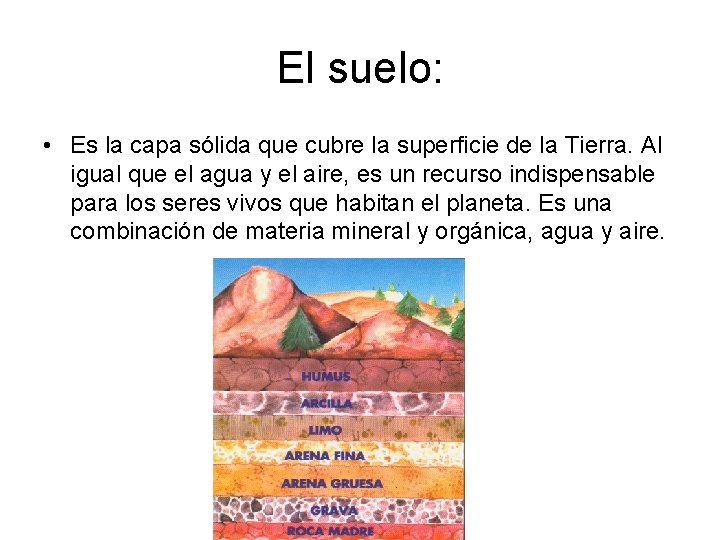 El suelo: • Es la capa sólida que cubre la superficie de la Tierra. El suelo: • Es la capa sólida que cubre la superficie de la Tierra.