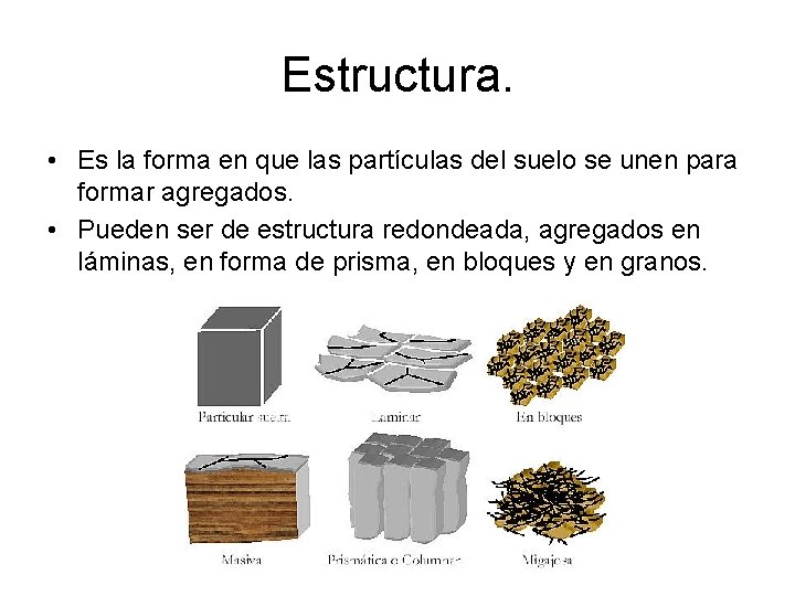 Estructura. • Es la forma en que las partículas del suelo se unen para Estructura. • Es la forma en que las partículas del suelo se unen para