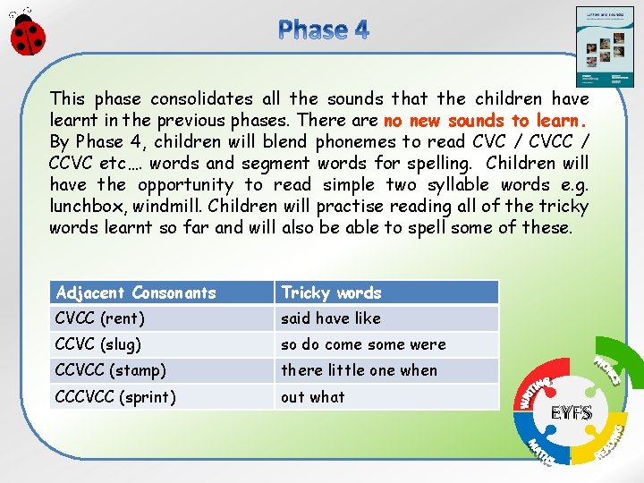 This phase consolidates all the sounds that the children have learnt in the previous