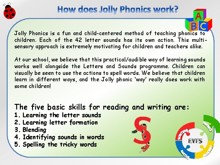 Jolly Phonics is a fun and child-centered method of teaching phonics to children. Each