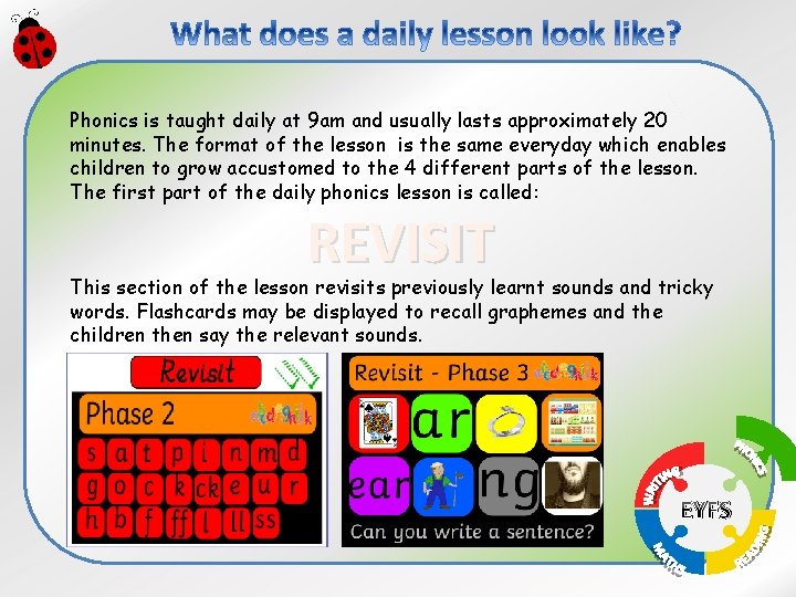 Phonics is taught daily at 9 am and usually lasts approximately 20 minutes. The