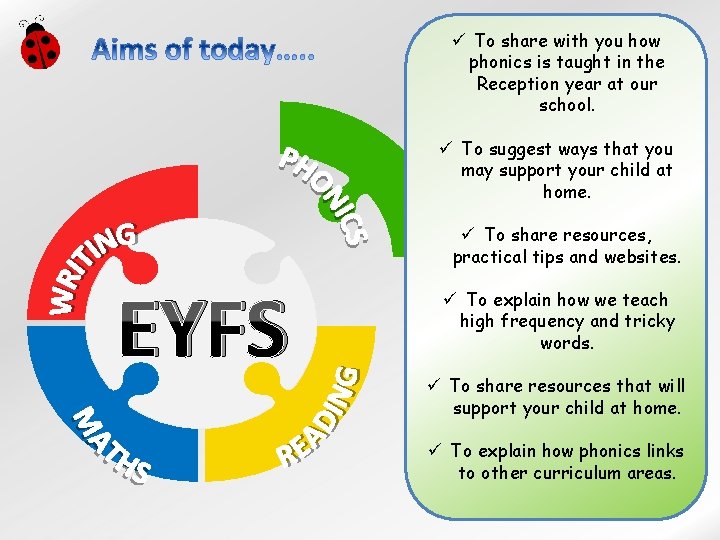 ü To share with you how phonics is taught in the Reception year at