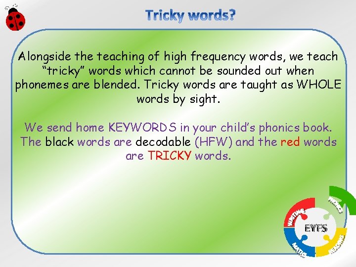 Alongside the teaching of high frequency words, we teach “tricky” words which cannot be