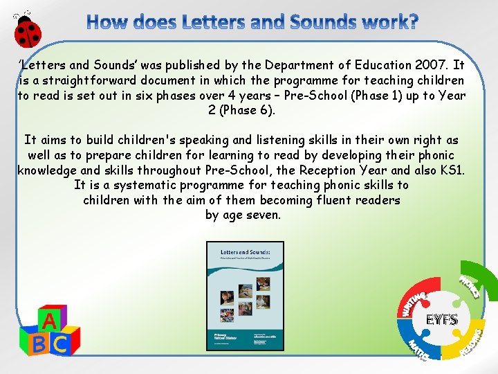 ‘Letters and Sounds’ was published by the Department of Education 2007. It is a