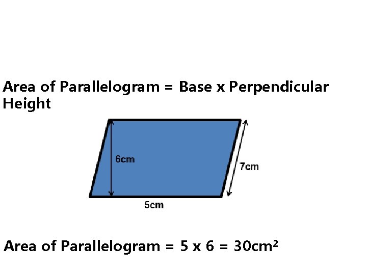 Area of Parallelogram = Base x Perpendicular Height Area of Parallelogram = 5 x