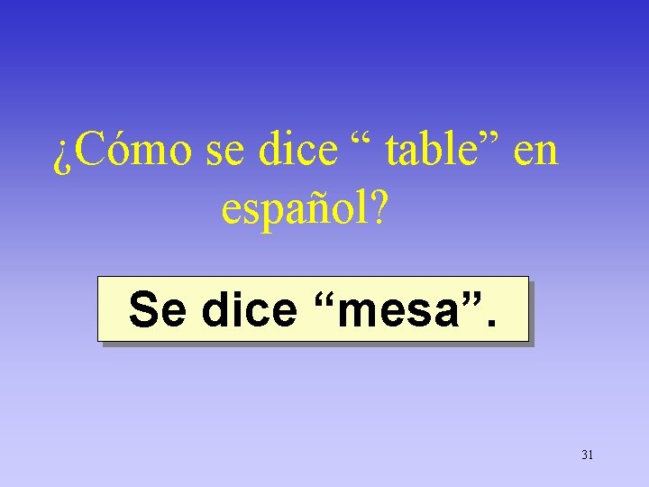¿Cómo se dice “ table” en español? Se dice “mesa”. 31 