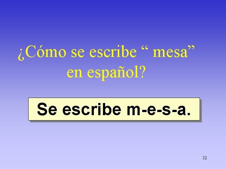 ¿Cómo se escribe “ mesa” en español? Se escribe m-e-s-a. 32 