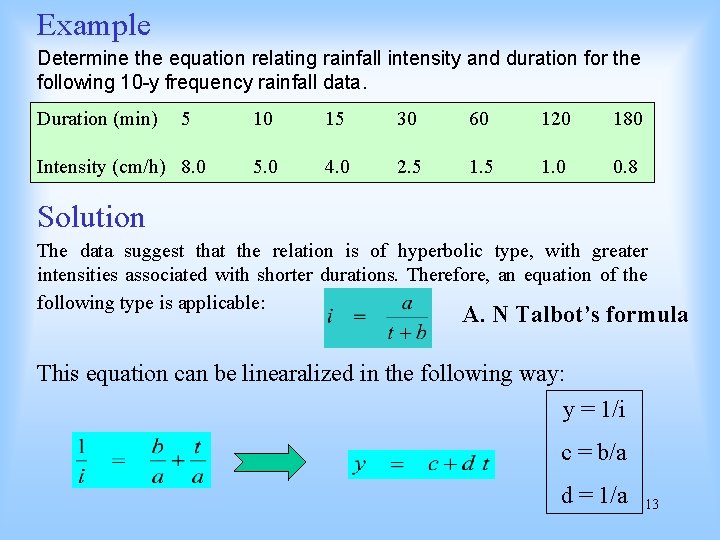 Example Determine the equation relating rainfall intensity and duration for the following 10 -y