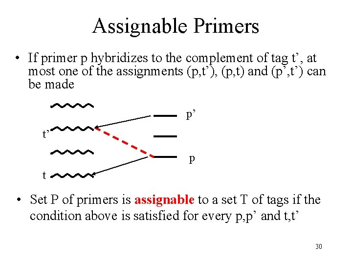 Assignable Primers • If primer p hybridizes to the complement of tag t’, at