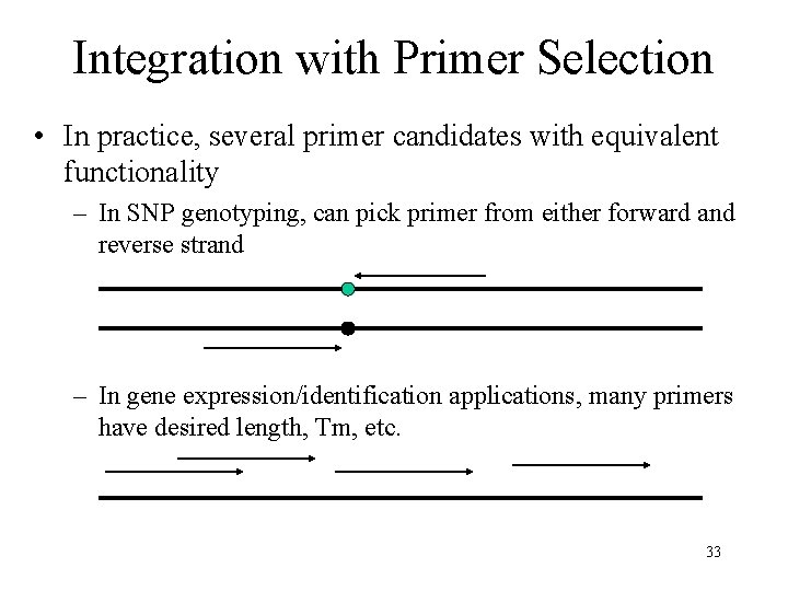 Integration with Primer Selection • In practice, several primer candidates with equivalent functionality –