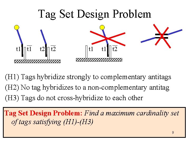 Tag Set Design Problem t 1 t 2 (H 1) Tags hybridize strongly to