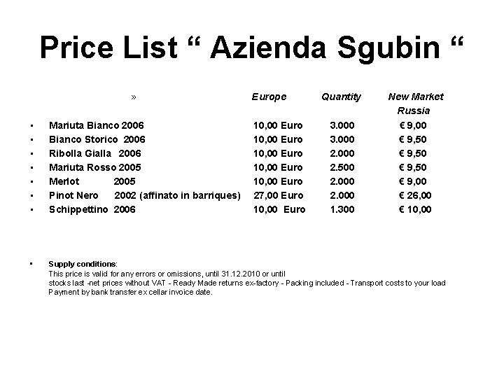 Price List “ Azienda Sgubin “ » Europe Quantity New Market Russia € 9,