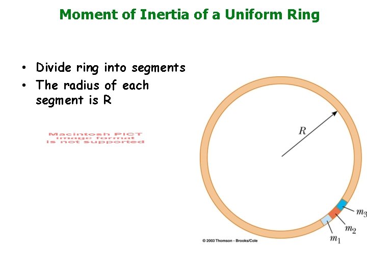 Moment of Inertia of a Uniform Ring • Divide ring into segments • The