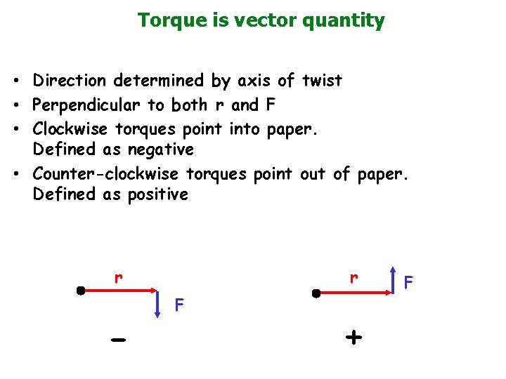 Torque is vector quantity • Direction determined by axis of twist • Perpendicular to