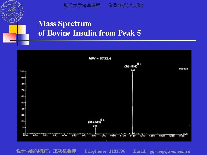 厦门大学精品课程 仪器分析(含实验) Mass Spectrum of Bovine Insulin from Peak 5 设计与编写教师：王秋泉教授 Telephone： 2181796 Email：qqwang@xmu.