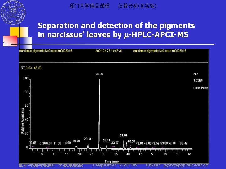 厦门大学精品课程 仪器分析(含实验) Separation and detection of the pigments in narcissus’ leaves by m-HPLC-APCI-MS 设计与编写教师：王秋泉教授