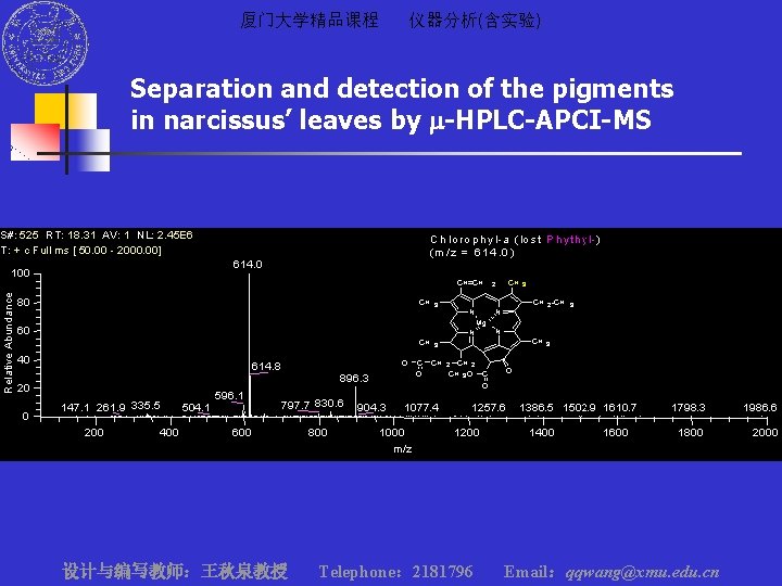 厦门大学精品课程 仪器分析(含实验) Separation and detection of the pigments in narcissus’ leaves by m-HPLC-APCI-MS 设计与编写教师：王秋泉教授