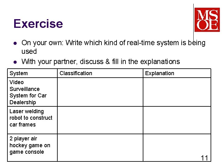 Exercise l l On your own: Write which kind of real-time system is being