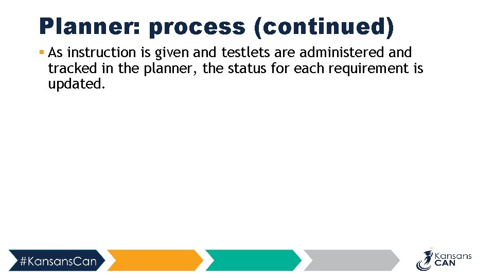 Planner: process (continued) § As instruction is given and testlets are administered and tracked